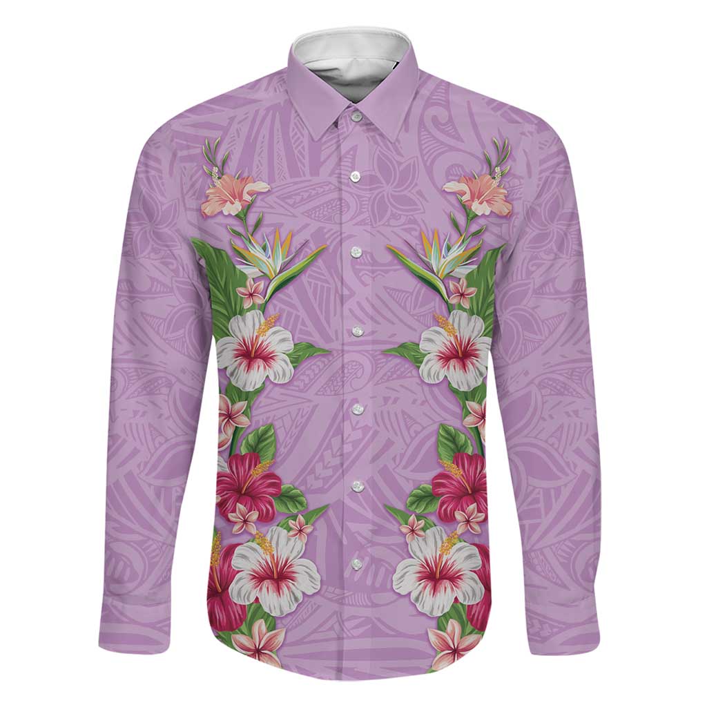 Hawaii Tropical Flowers Family Matching Tank Maxi Dress and Hawaiian Shirt Lavender Polynesian Tattoo Art LT05 Dad's Shirt - Long Sleeve Lavender - Polynesian Pride
