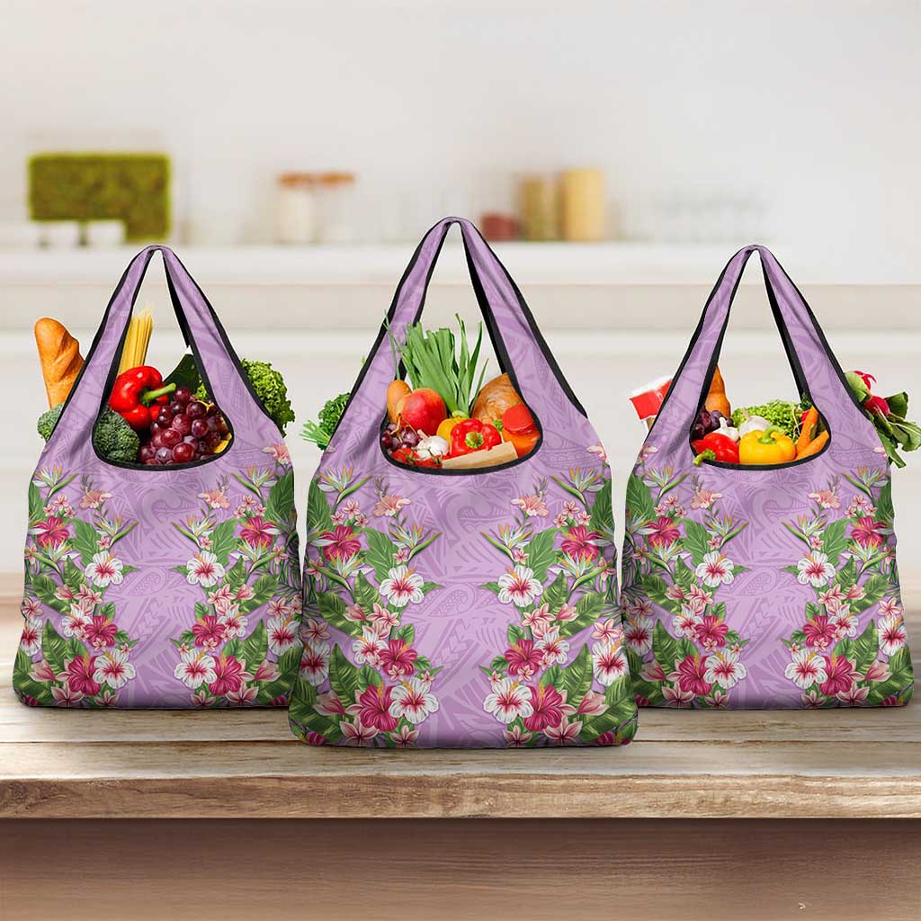 Hawaii Tropical Flowers Grocery Bag Lavender Polynesian Tattoo Art