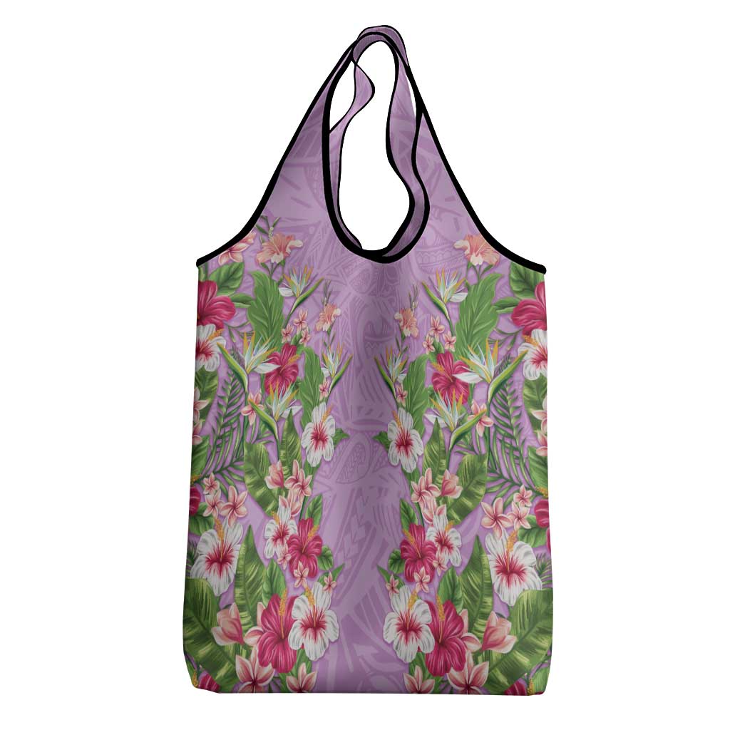 Hawaii Tropical Flowers Grocery Bag Lavender Polynesian Tattoo Art