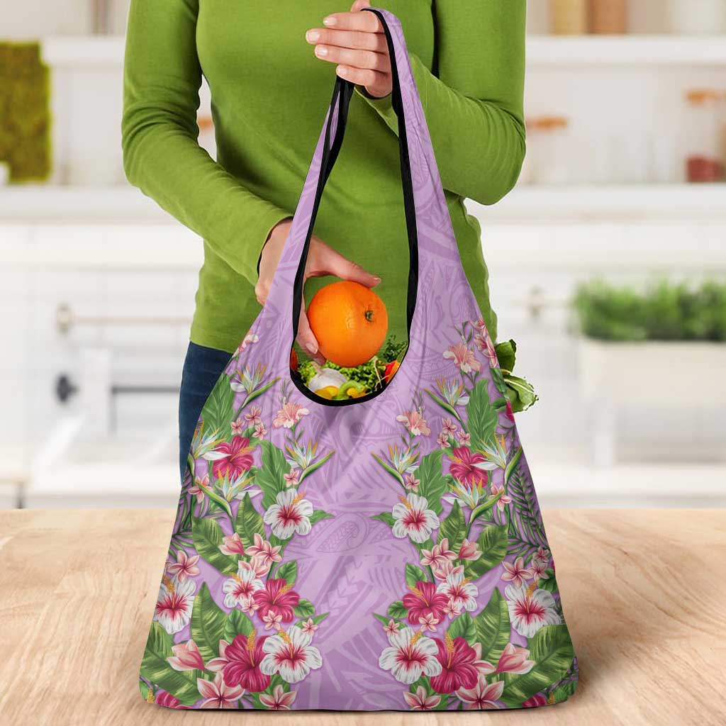 Hawaii Tropical Flowers Grocery Bag Lavender Polynesian Tattoo Art