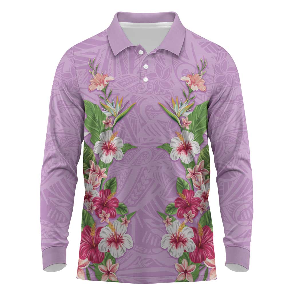 Hawaii Tropical Flowers Long Sleeve Polo Shirt Lavender Polynesian Tattoo Art