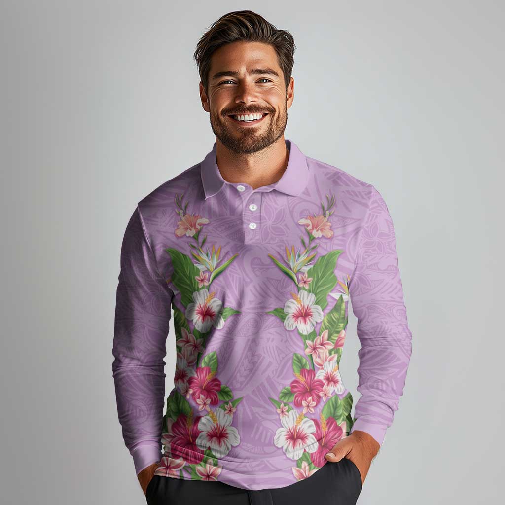Hawaii Tropical Flowers Long Sleeve Polo Shirt Lavender Polynesian Tattoo Art