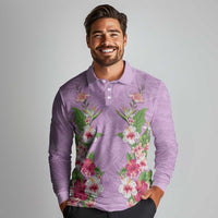 Hawaii Tropical Flowers Long Sleeve Polo Shirt Lavender Polynesian Tattoo Art