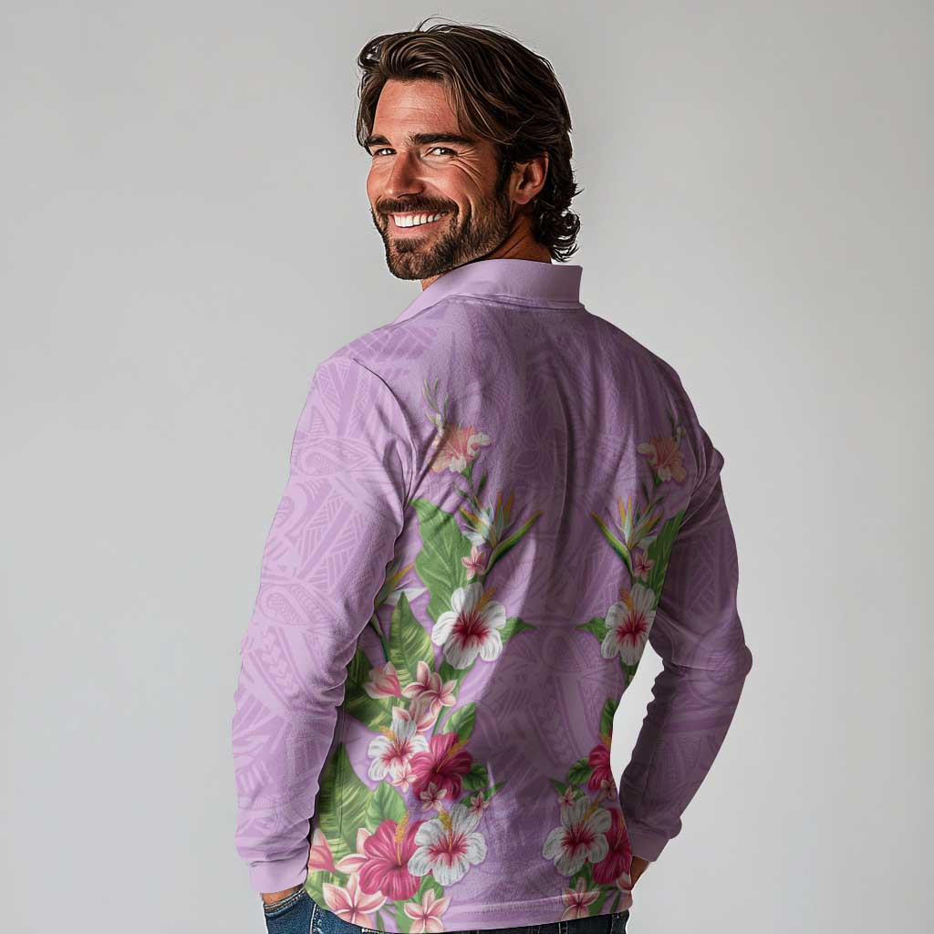 Hawaii Tropical Flowers Long Sleeve Polo Shirt Lavender Polynesian Tattoo Art