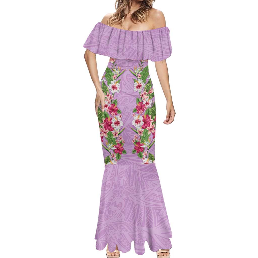 Hawaii Tropical Flowers Mermaid Dress Lavender Polynesian Tattoo Art