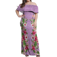 Hawaii Tropical Flowers Off Shoulder Maxi Dress Lavender Polynesian Tattoo Art