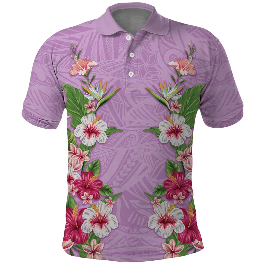 Hawaii Tropical Flowers Polo Shirt Lavender Polynesian Tattoo Art