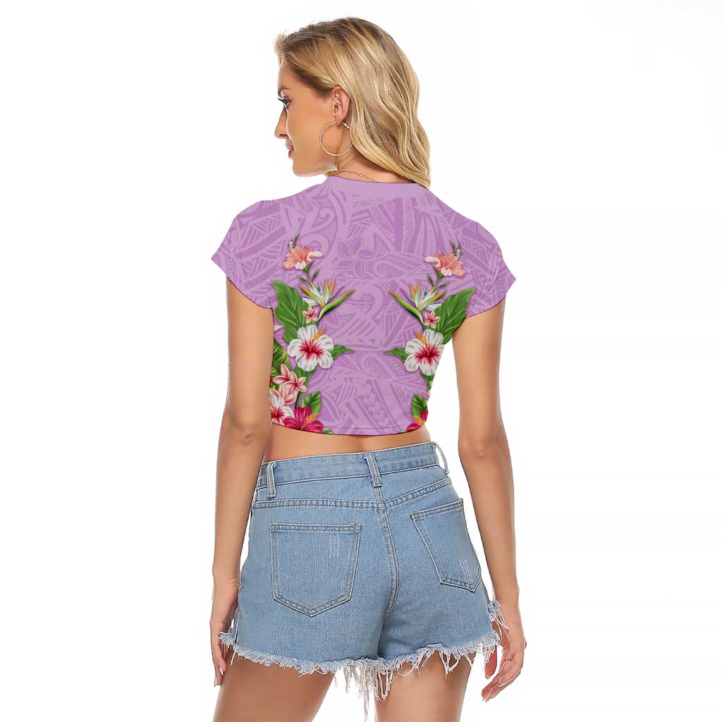 Hawaii Tropical Flowers Raglan Cropped T Shirt Lavender Polynesian Tattoo Art