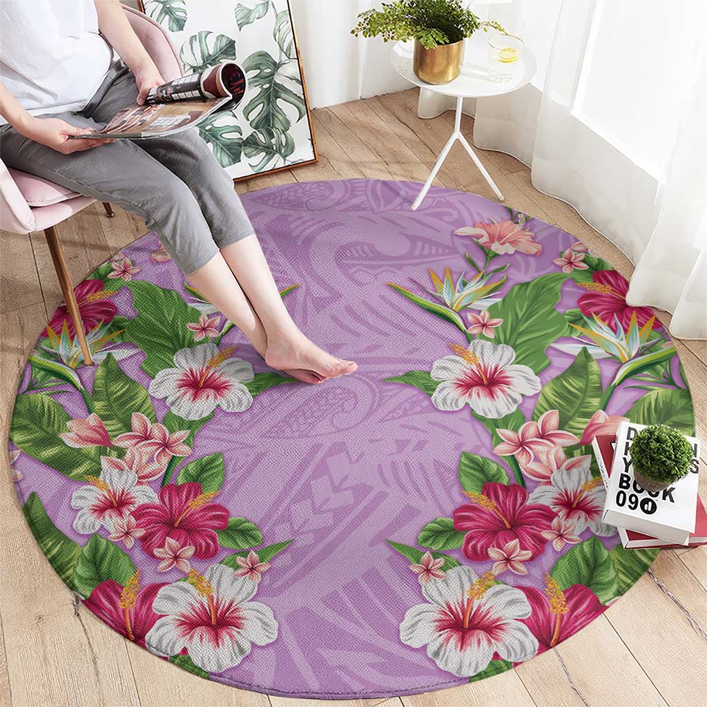 Hawaii Tropical Flowers Round Carpet Lavender Polynesian Tattoo Art