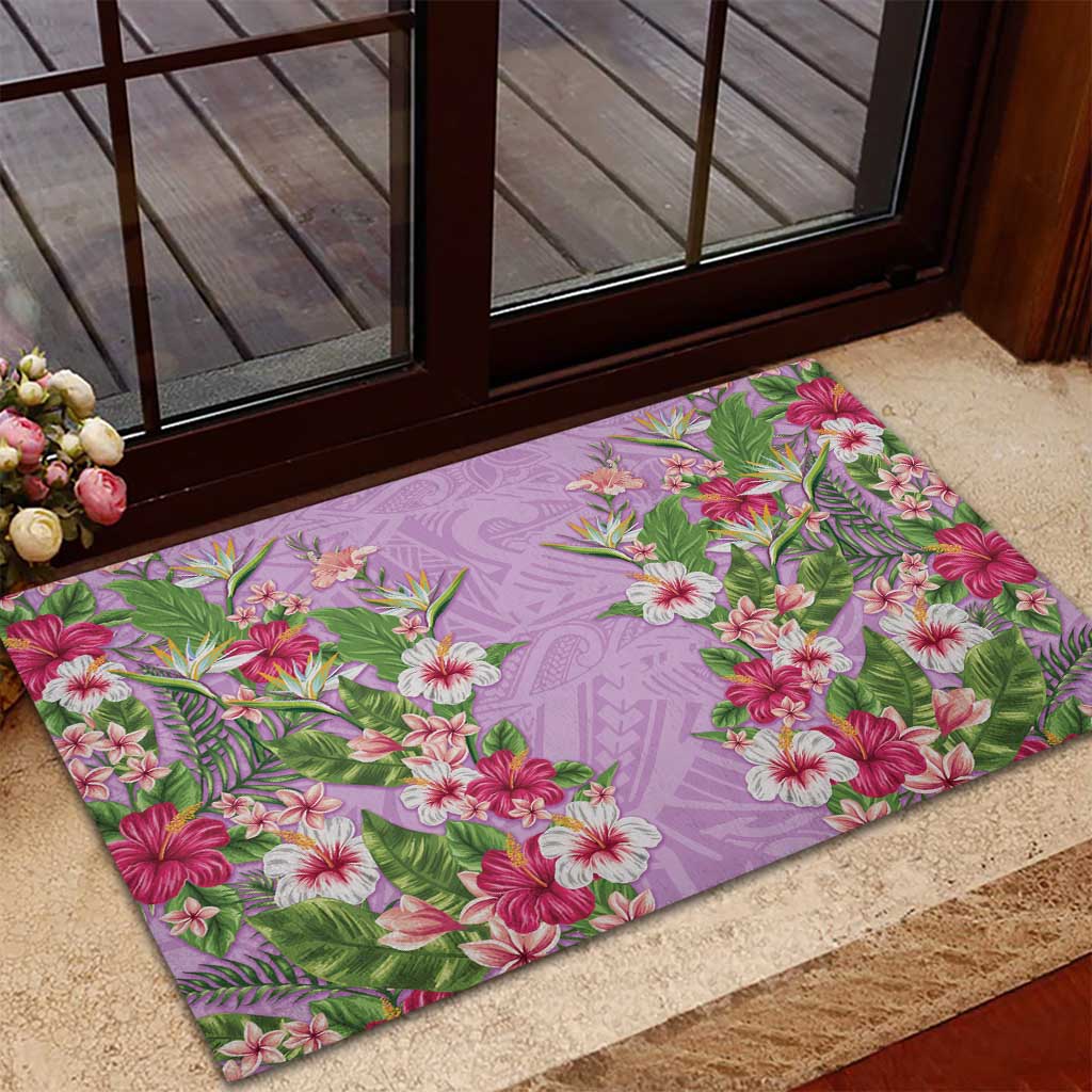 Hawaii Tropical Flowers Rubber Doormat Lavender Polynesian Tattoo Art