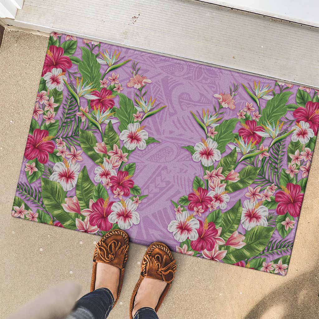 Hawaii Tropical Flowers Rubber Doormat Lavender Polynesian Tattoo Art
