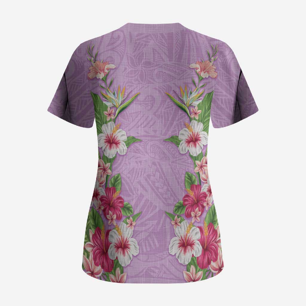 Hawaii Tropical Flowers Scrub Top Lavender Polynesian Tattoo Art