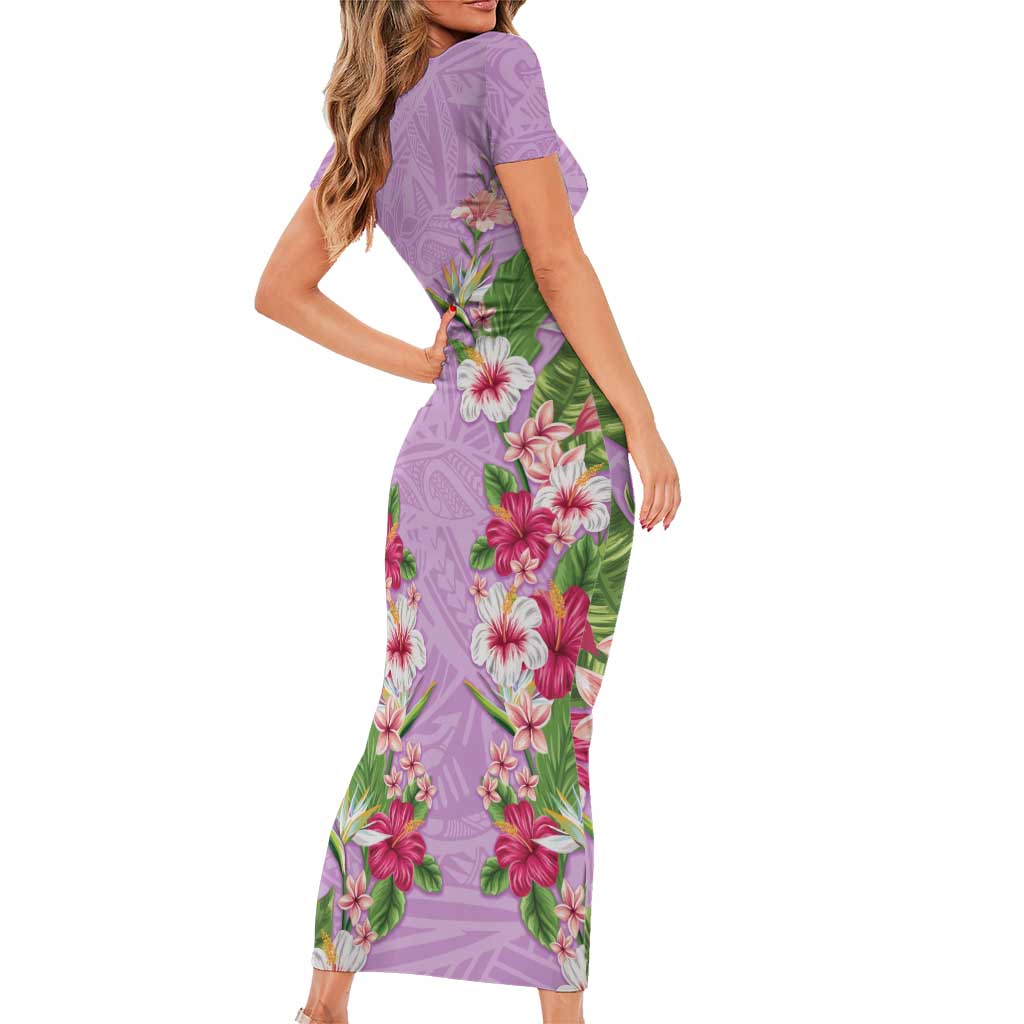 Hawaii Tropical Flowers Short Sleeve Bodycon Dress Lavender Polynesian Tattoo Art
