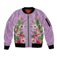 Hawaii Tropical Flowers Sleeve Zip Bomber Jacket Lavender Polynesian Tattoo Art
