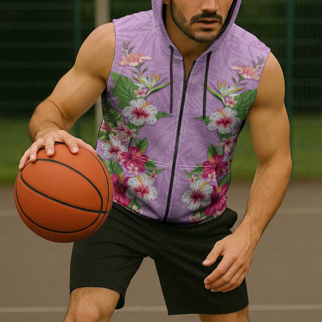 Hawaii Tropical Flowers Sleeveless Zip Hoodie Lavender Polynesian Tattoo Art