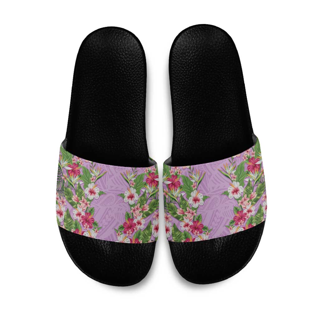 Hawaii Tropical Flowers Slide Sandals Lavender Polynesian Tattoo Art