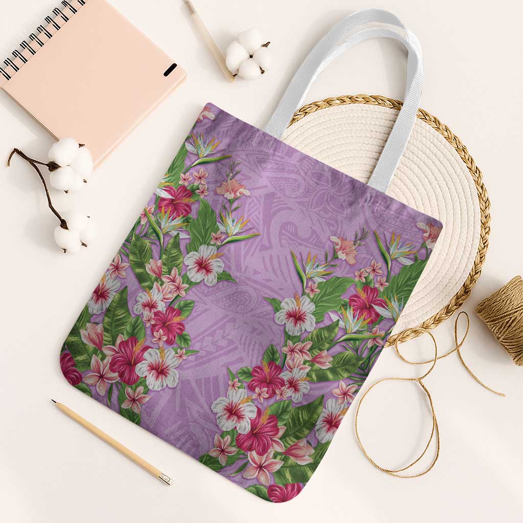 Hawaii Tropical Flowers Tote Bag Lavender Polynesian Tattoo Art