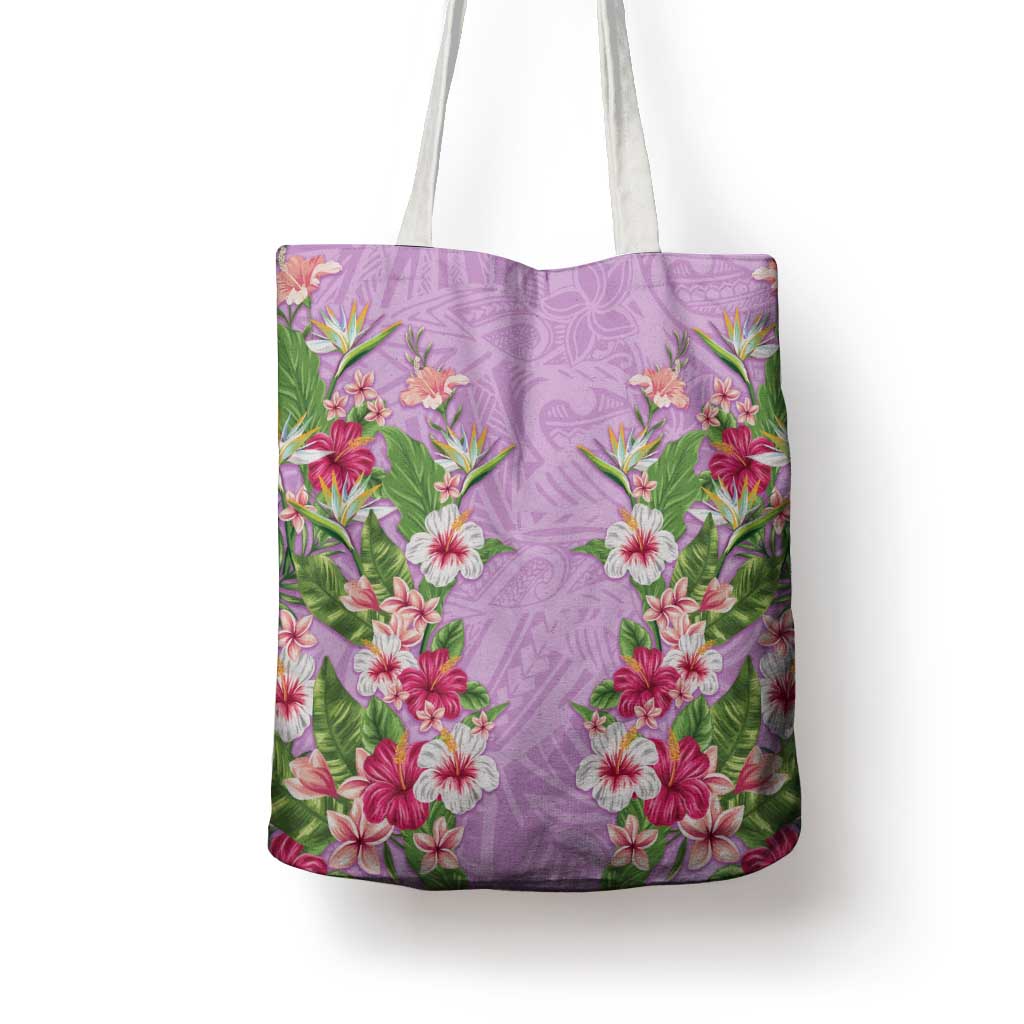 Hawaii Tropical Flowers Tote Bag Lavender Polynesian Tattoo Art