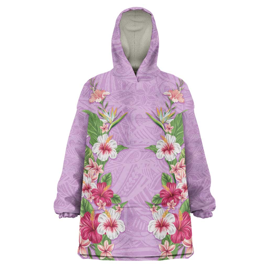 Hawaii Tropical Flowers Wearable Blanket Hoodie Lavender Polynesian Tattoo Art