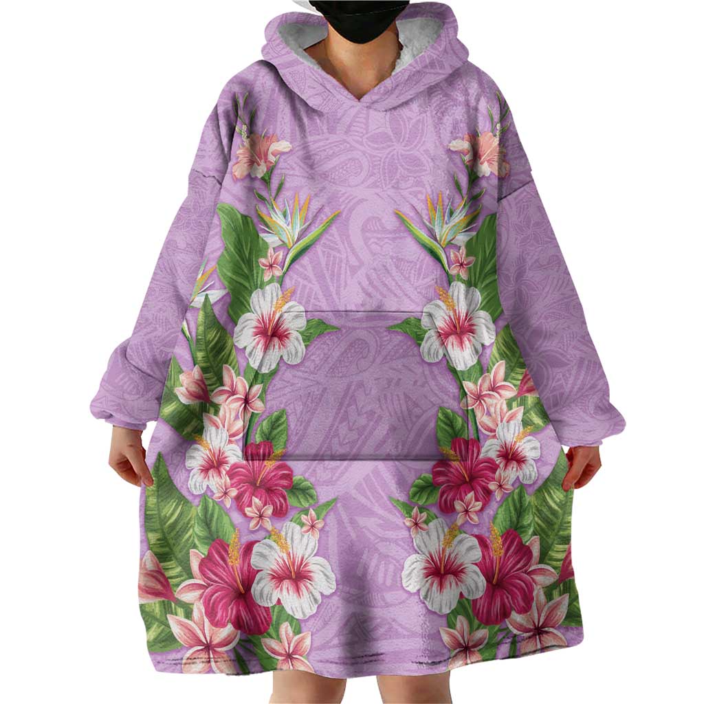 Hawaii Tropical Flowers Wearable Blanket Hoodie Lavender Polynesian Tattoo Art