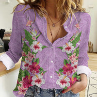Hawaii Tropical Flowers Women Casual Shirt Lavender Polynesian Tattoo Art