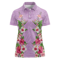 Hawaii Tropical Flowers Women Polo Shirt Lavender Polynesian Tattoo Art