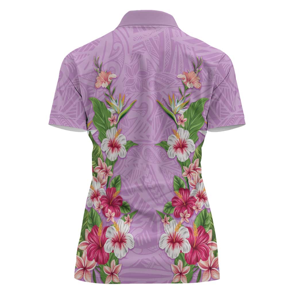 Hawaii Tropical Flowers Women Polo Shirt Lavender Polynesian Tattoo Art