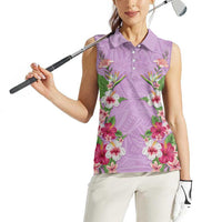 Hawaii Tropical Flowers Women Sleeveless Polo Shirt Lavender Polynesian Tattoo Art