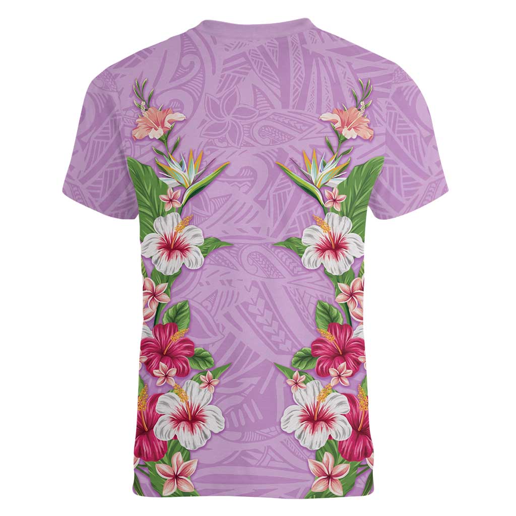 Hawaii Tropical Flowers Women V-Neck T-Shirt Lavender Polynesian Tattoo Art