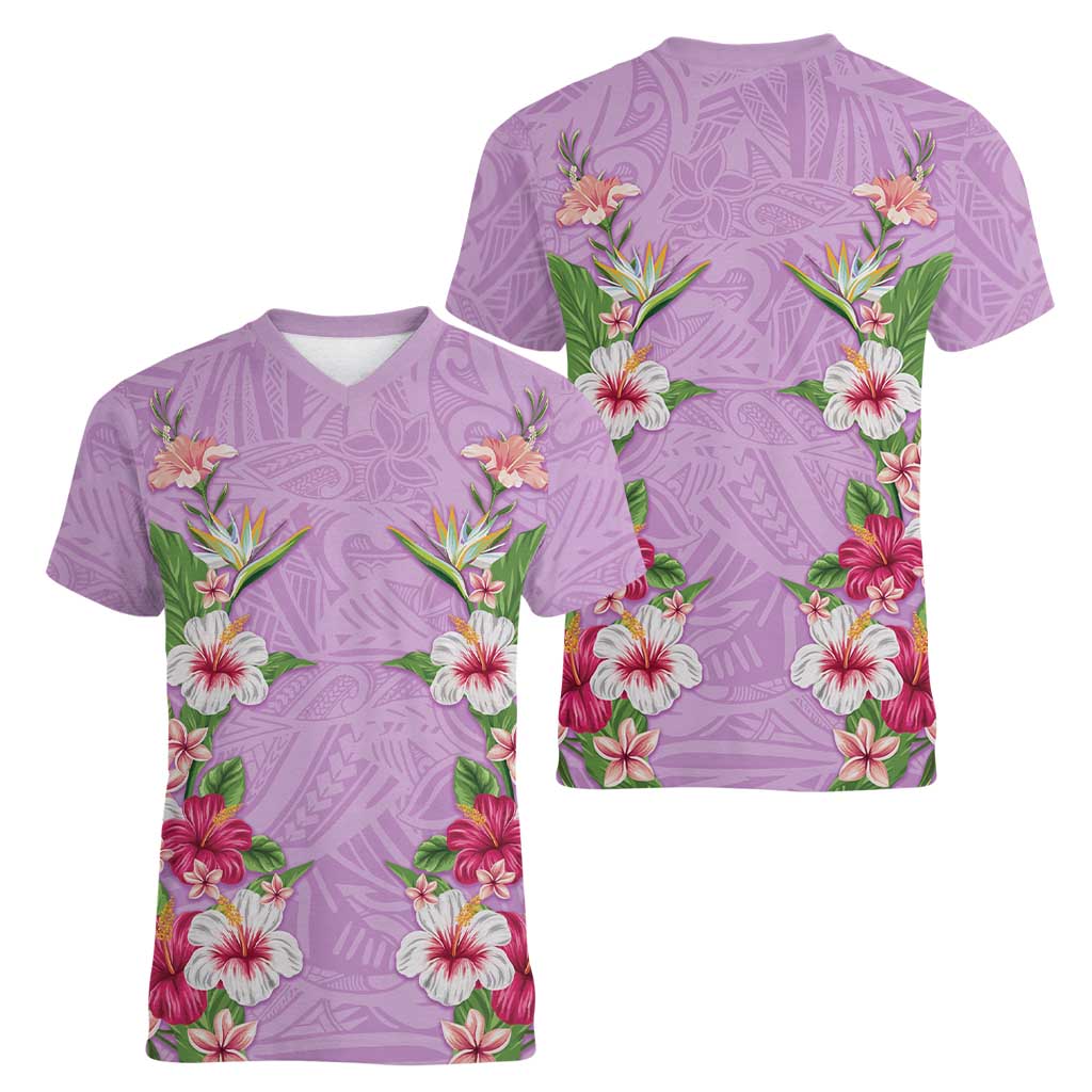 Hawaii Tropical Flowers Women V-Neck T-Shirt Lavender Polynesian Tattoo Art