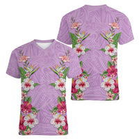 Hawaii Tropical Flowers Women V-Neck T-Shirt Lavender Polynesian Tattoo Art