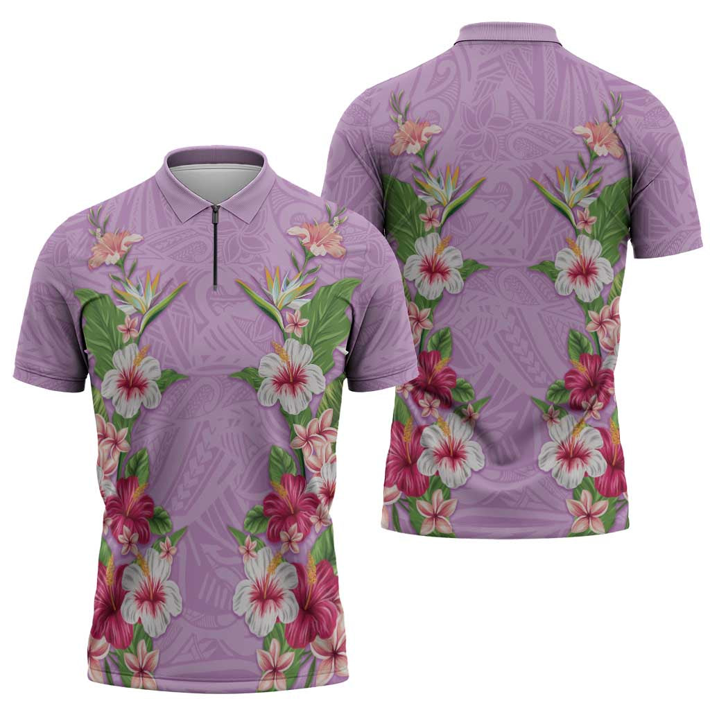 Hawaii Tropical Flowers Zipper Polo Shirt Lavender Polynesian Tattoo Art
