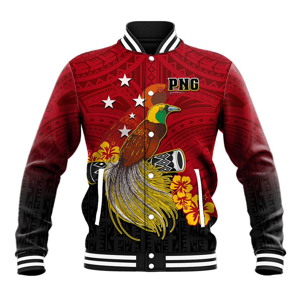 Personalized Papua New Guinea Baseball Jacket Bird Of Paradise Hibiscus With Motuan Pattern LT05 Unisex Red - Polynesian Pride