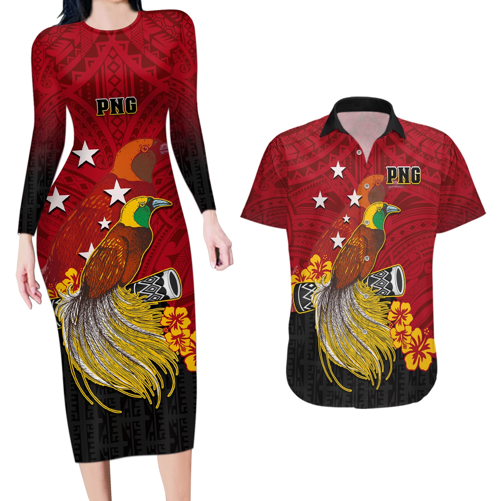 Personalized Papua New Guinea Couples Matching Long Sleeve Bodycon Dress and Hawaiian Shirt Bird Of Paradise Hibiscus With Motuan Pattern LT05 Red - Polynesian Pride