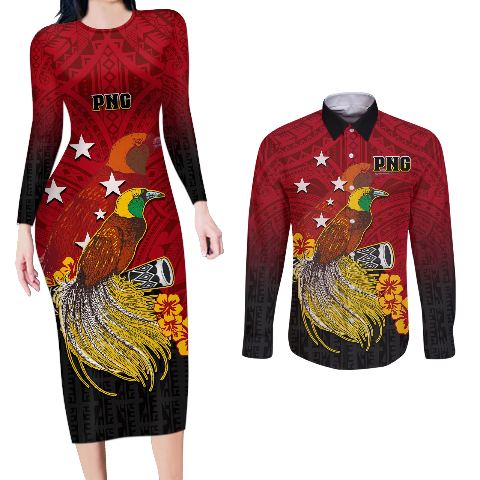 Personalized Papua New Guinea Couples Matching Long Sleeve Bodycon Dress and Long Sleeve Button Shirts Bird Of Paradise Hibiscus With Motuan Pattern LT05 Red - Polynesian Pride