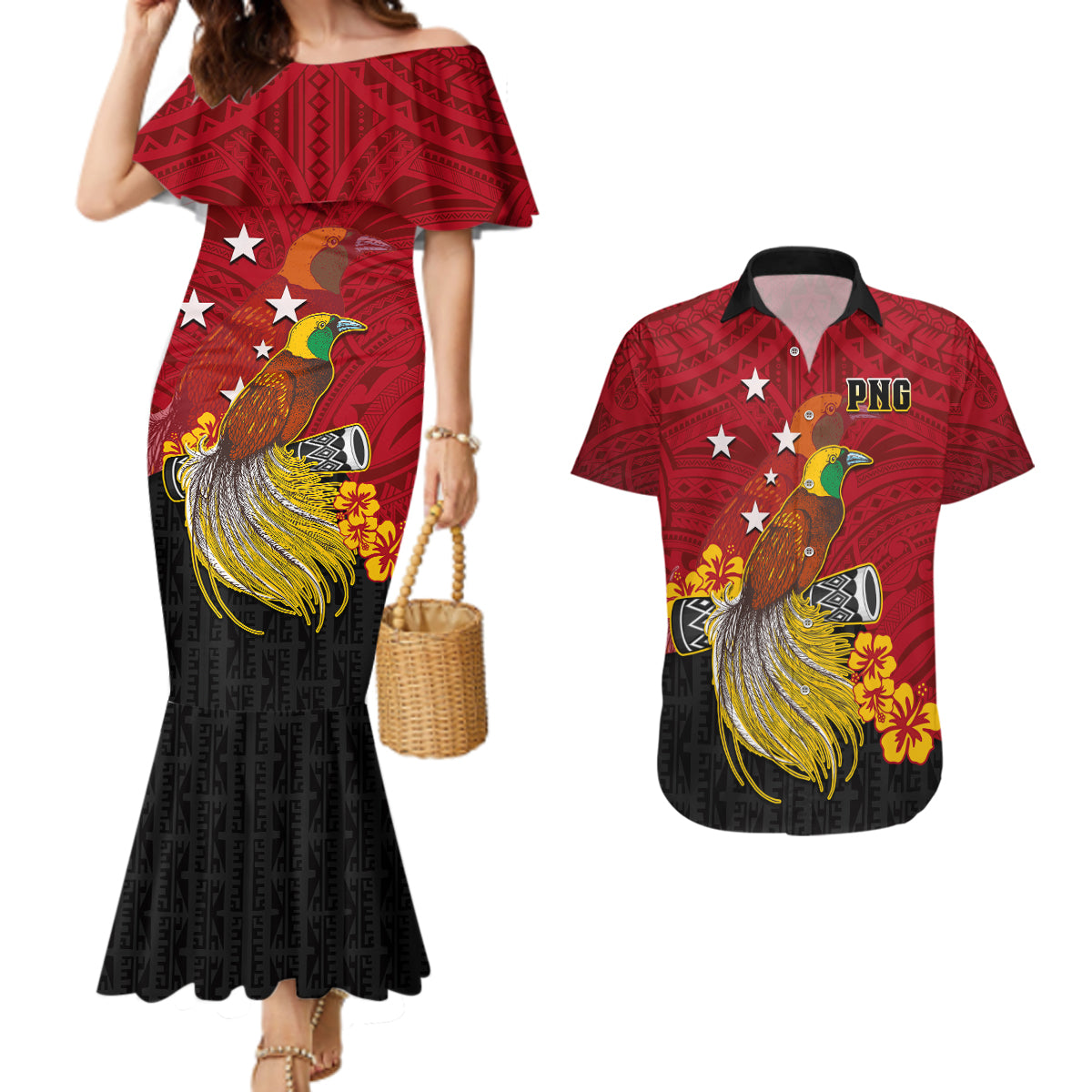 Personalized Papua New Guinea Couples Matching Mermaid Dress and Hawaiian Shirt Bird Of Paradise Hibiscus With Motuan Pattern LT05 Red - Polynesian Pride