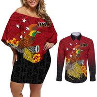 Personalized Papua New Guinea Couples Matching Off Shoulder Short Dress and Long Sleeve Button Shirts Bird Of Paradise Hibiscus With Motuan Pattern LT05 Red - Polynesian Pride