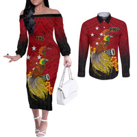 Personalized Papua New Guinea Couples Matching Off The Shoulder Long Sleeve Dress and Long Sleeve Button Shirts Bird Of Paradise Hibiscus With Motuan Pattern LT05 Red - Polynesian Pride