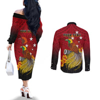 Personalized Papua New Guinea Couples Matching Off The Shoulder Long Sleeve Dress and Long Sleeve Button Shirts Bird Of Paradise Hibiscus With Motuan Pattern LT05 - Polynesian Pride