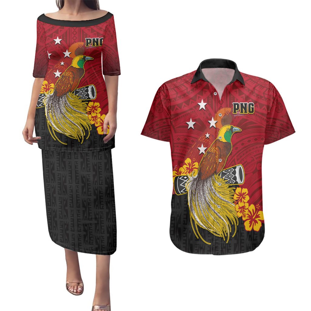 Personalized Papua New Guinea Couples Matching Puletasi Dress and Hawaiian Shirt Bird Of Paradise Hibiscus With Motuan Pattern LT05 Red - Polynesian Pride