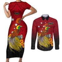 Personalized Papua New Guinea Couples Matching Short Sleeve Bodycon Dress and Long Sleeve Button Shirts Bird Of Paradise Hibiscus With Motuan Pattern LT05 Red - Polynesian Pride