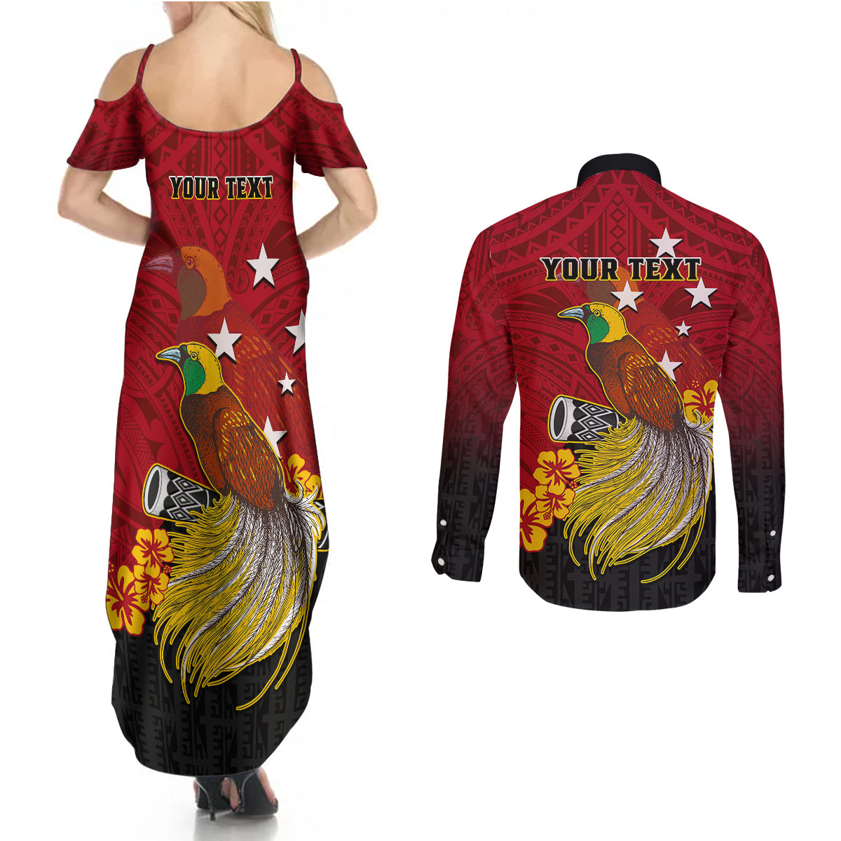 Personalized Papua New Guinea Couples Matching Summer Maxi Dress and Long Sleeve Button Shirts Bird Of Paradise Hibiscus With Motuan Pattern LT05 - Polynesian Pride