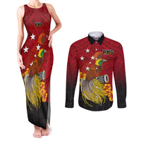 Personalized Papua New Guinea Couples Matching Tank Maxi Dress and Long Sleeve Button Shirts Bird Of Paradise Hibiscus With Motuan Pattern LT05 Red - Polynesian Pride