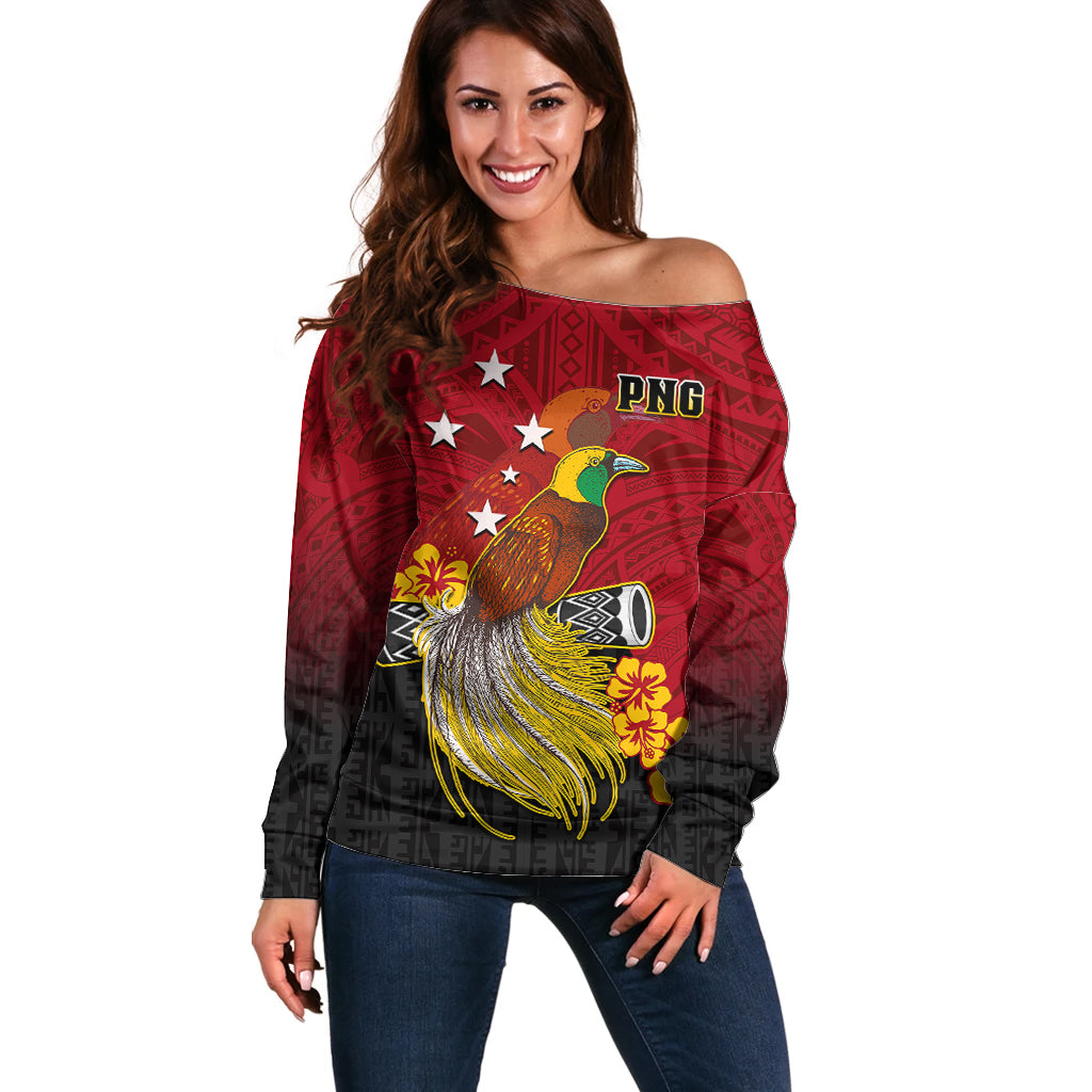 Personalized Papua New Guinea Off Shoulder Sweater Bird Of Paradise Hibiscus With Motuan Pattern LT05 Women Red - Polynesian Pride
