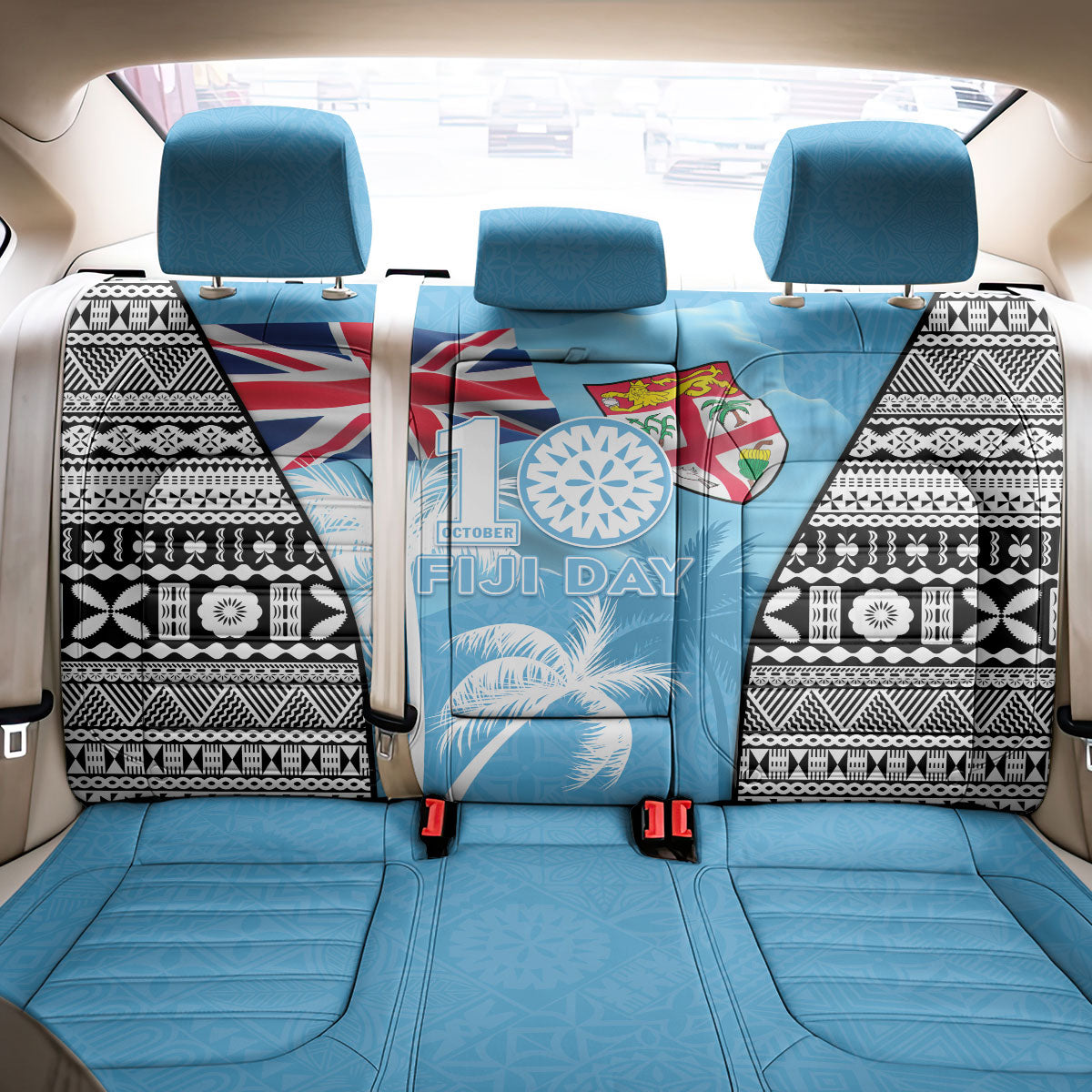 Fiji Day 2026 Back Car Seat Cover Masi Tapa Pattern With Palm Tree LT05 - Polynesian Pride