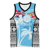Personalised Fiji Day 2026 Basketball Jersey Masi Tapa Pattern With Palm Tree LT05 Unisex Blue - Polynesian Pride