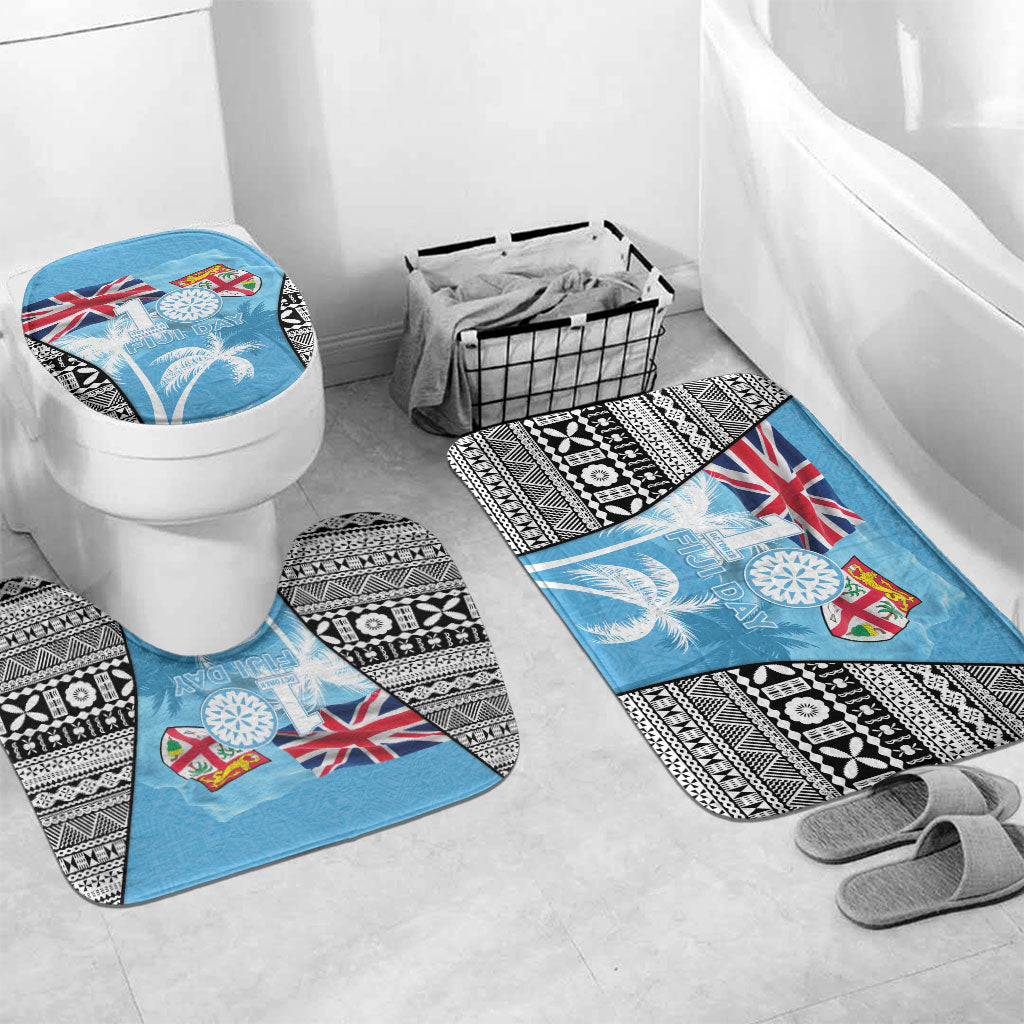 Fiji Day 2026 Bathroom Set Masi Tapa Pattern With Palm Tree LT05 Mat Set Only (3 pcs) One Size Blue - Polynesian Pride