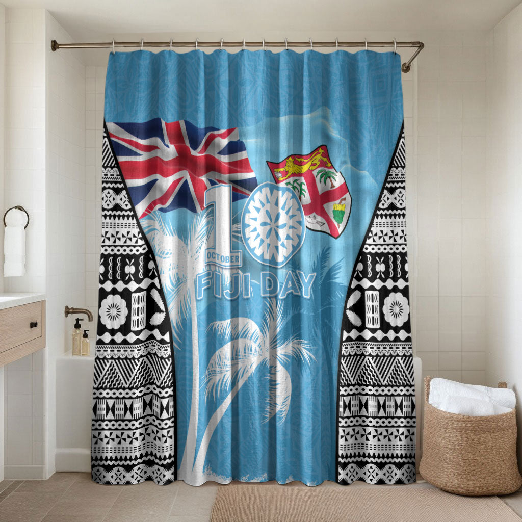 Fiji Day 2026 Bathroom Set Masi Tapa Pattern With Palm Tree LT05 Shower Curtain Only Blue - Polynesian Pride