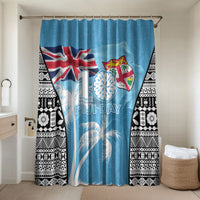 Fiji Day 2026 Bathroom Set Masi Tapa Pattern With Palm Tree LT05 Shower Curtain Only Blue - Polynesian Pride