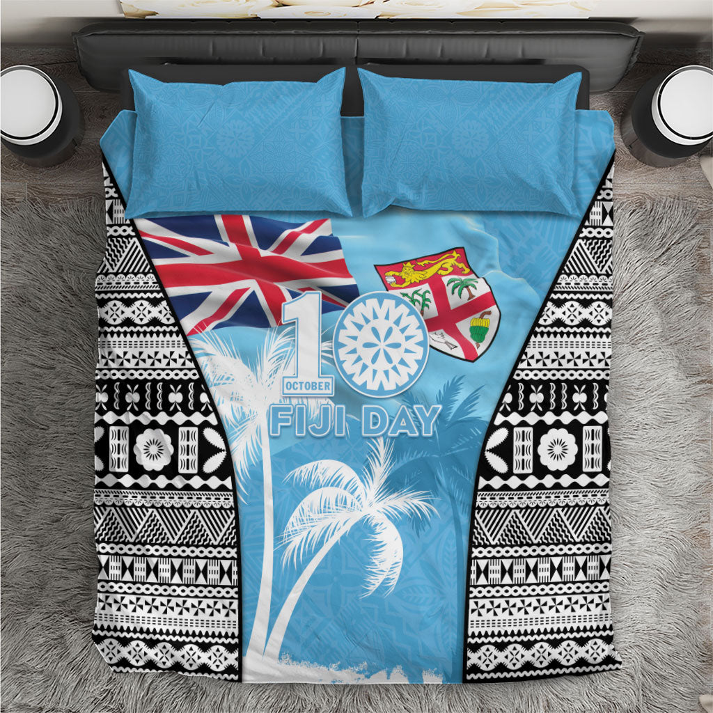 Fiji Day 2026 Bedding Set Masi Tapa Pattern With Palm Tree LT05 Blue - Polynesian Pride
